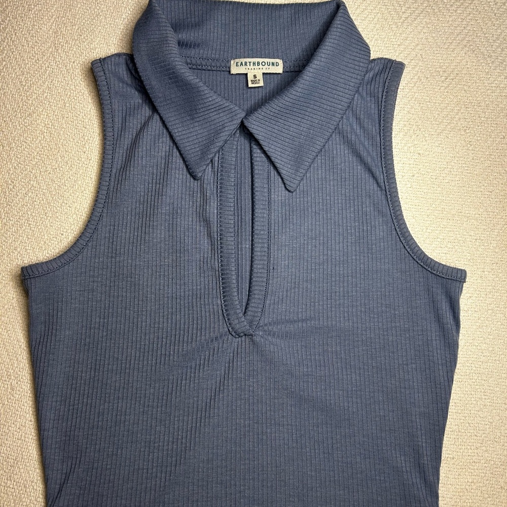 EARTHBOUND Ribbed Tank Top with Collar in Slate Blue
